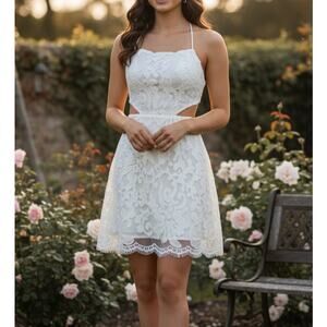 Lucy in the Sky Lace Cutout Mini A-line Dress White Sequined Embellished Lace S